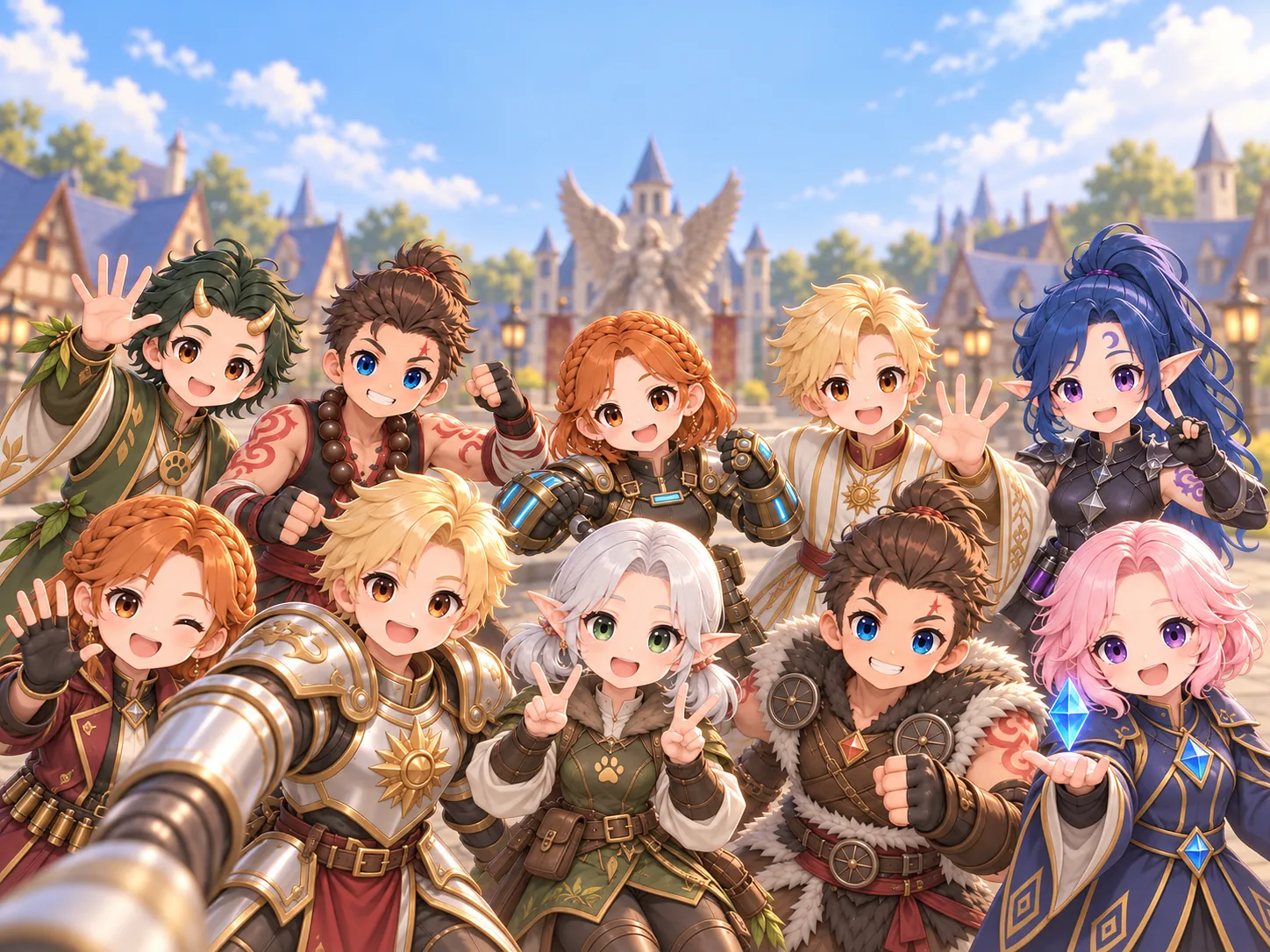 Age of Sylvanus heroes of many classes taking a group selfie in a sunny town square
